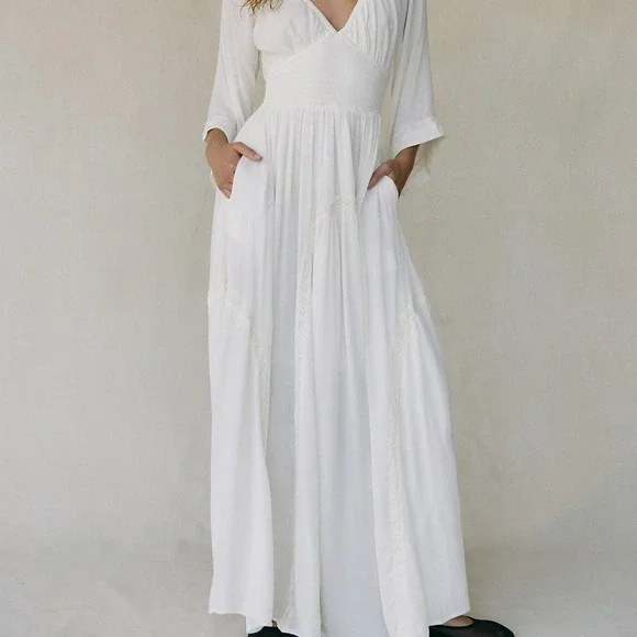 Free People Dixie Lace Smocked Panel Maxi Dress, Egret (White), L (NWOT) - Picture 11 of 16